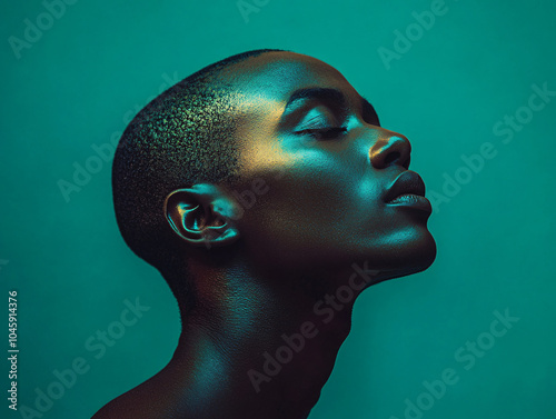 Minimalist portrait of a Black man with a confident expression, highlighted by vibrant lighting and a colorful background, creating a bold and striking modern composition. photo