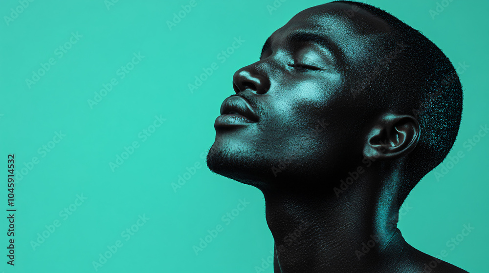 Minimalist portrait of a Black man with a confident expression, highlighted by vibrant lighting and a colorful background, creating a bold and striking modern composition.
