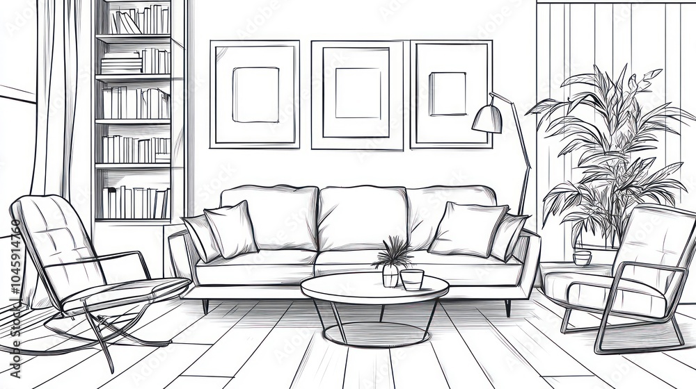 Hand drawn sketch of a living room interior with a sofa, two armchairs, a coffee table, a bookshelf, a floor lamp, and a plant. Hand drawn sketch of a living room interior with a sofa, two armchairs, a coffee table, a bookshelf, a floor lamp, and a plant.