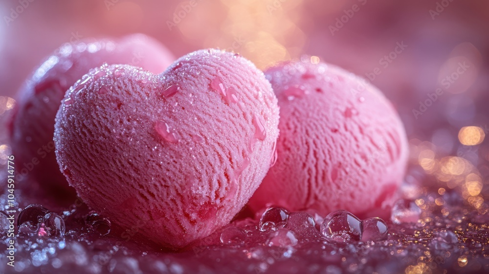 Heart-shaped pink ice cream with frost and glistening ice crystals in a dreamy setting. Heart-shaped pink ice cream with frost and glistening ice crystals in a dreamy setting.