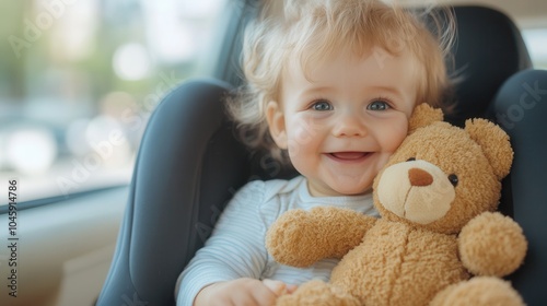 Happy baby on a first road trip in a car seat, enjoying the journey