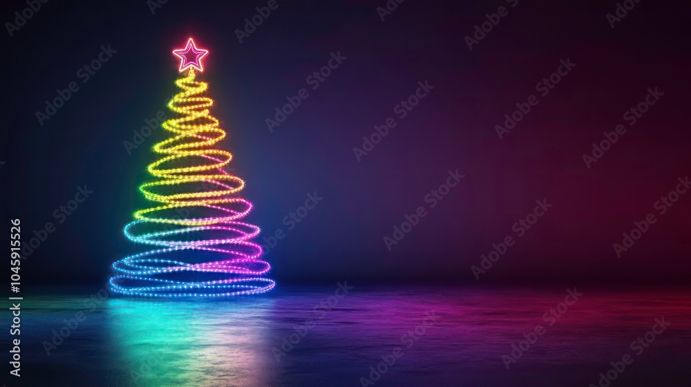 A colorful, glowing Christmas tree made of lights in a dark room. A colorful, glowing Christmas tree made of lights in a dark room.