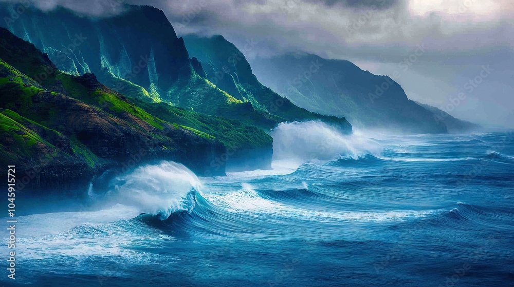 A vast expanse of water with rolling waves reaching the coastline and towering peaks in the background, shrouded by ominous clouds above A vast expanse of water with rolling waves reaching the coastline and towering peaks in the background, shrouded by ominous clouds above
