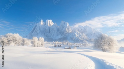 Majestic Winter Wonderland: Snow-Covered Mountain Range with Village Below