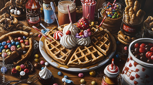 A Whimsical Celebration of Frozen Waffles Surrounded by Toppings in a Fantasy Illustration photo