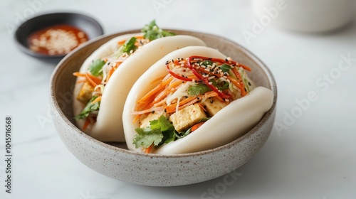 Korean style tofu and salad bao buns with red chili on a marble kitchen surface