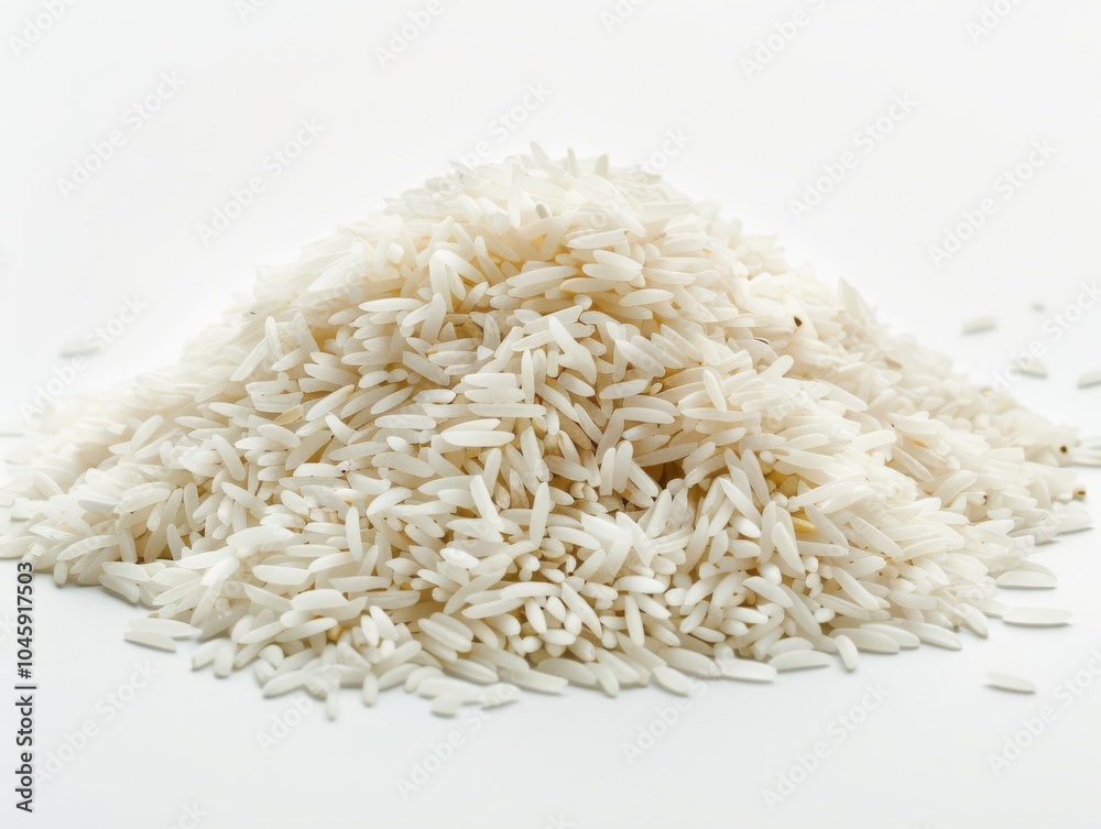 A mound of cooked basmati rice on a white background