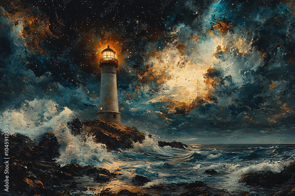 Lighthouse standing on a rocky shore by the sea at night, with dramatic ...
