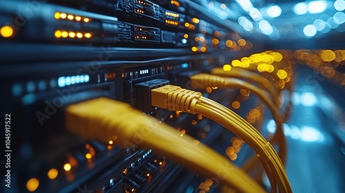 Modern data center with yellow cables connected to patch panel, close-up of network interface 