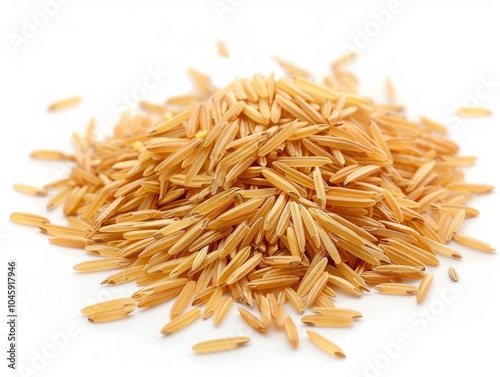 A mound of uncooked jasmine rice on a white background photo