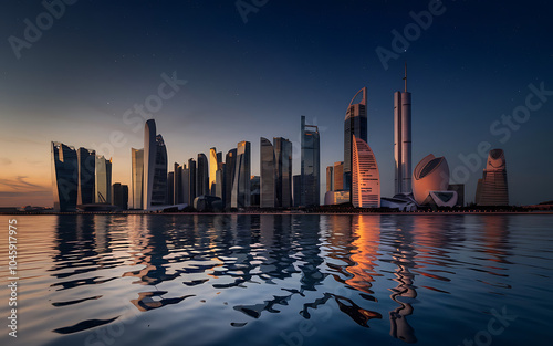 Modern city skyline with orange and blue hues reflecting in calm water  perfect for urban  travel  and architecture projects   