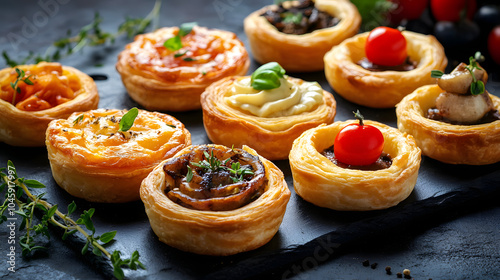 A Gourmet Showcase of Frozen Puff Pastry Shells with a Variety of Savory and Sweet Fillings in an Elegant Presentation