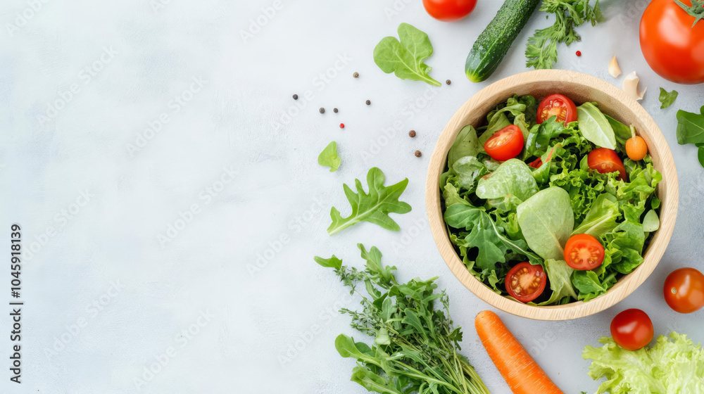 Fresh organic salad in wooden bowl surrounded by vibrant vegetables like tomatoes, cucumbers, and carrots, creating healthy and colorful arrangement Fresh organic salad in wooden bowl surrounded by vibrant vegetables like tomatoes, cucumbers, and carrots, creating healthy and colorful arrangement