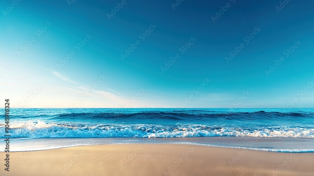 A stunning beach vista with waves crashing onto the shore and a vibrant blue sky overhead A stunning beach vista with waves crashing onto the shore and a vibrant blue sky overhead