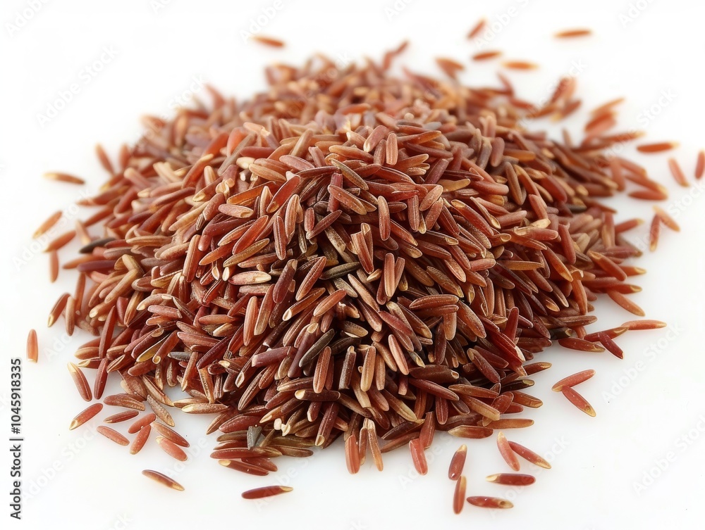 A pile of cooked red rice on a white background A pile of cooked red rice on a white background