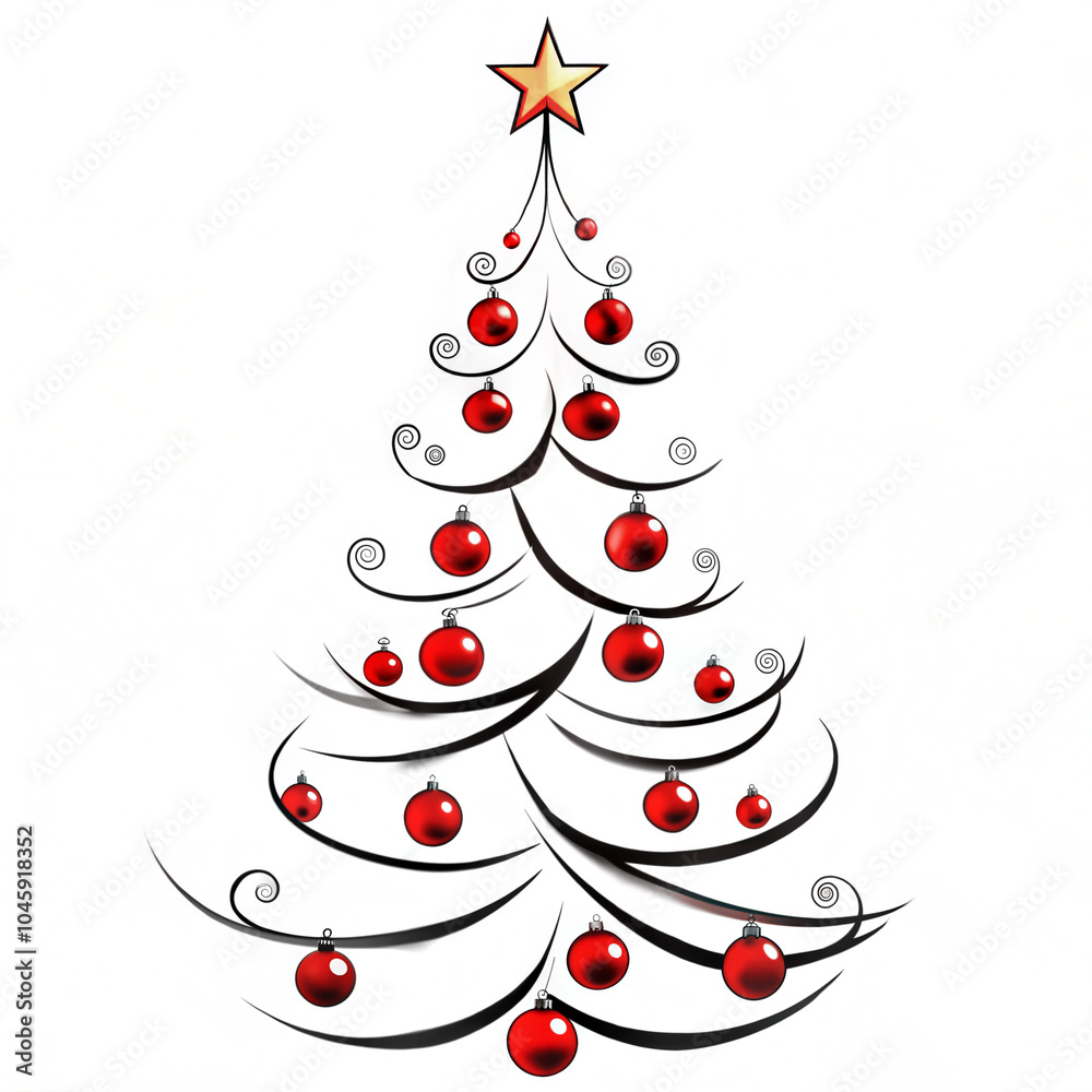 Christmas tree with red ornaments and star, elegant design over white background Christmas tree with red ornaments and star, elegant design over white background