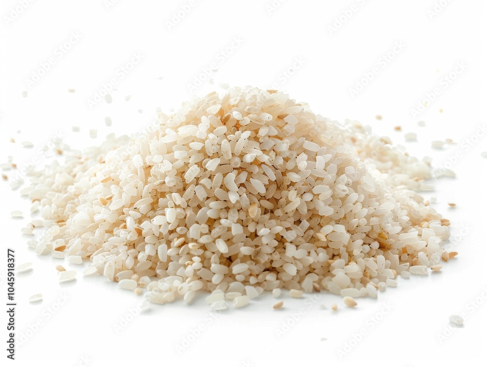 A pile of cooked sushi rice on a white background A pile of cooked sushi rice on a white background