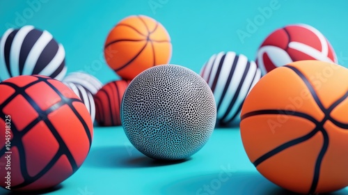 A playful arrangement of basketballs with different textures and patterns, set against a bright background.