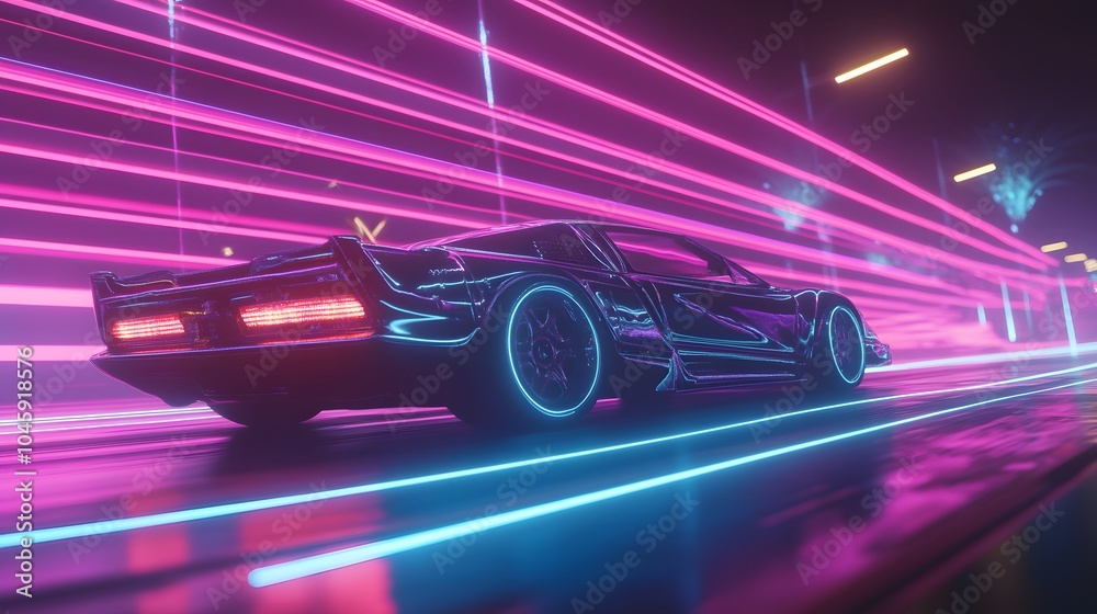 A sleek futuristic car drives through a neon-lit digital tunnel, with vibrant pink and blue lights creating a high-tech, cyberpunk atmosphere.. A sleek futuristic car drives through a neon-lit digital tunnel, with vibrant pink and blue lights creating a high-tech, cyberpunk atmosphere..