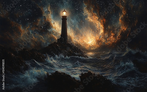 Lighthouse standing on a rocky shore by the sea at night, with dramatic waves crashing under a starry sky, symbolizing hope and safety amidst the power of nature. photo