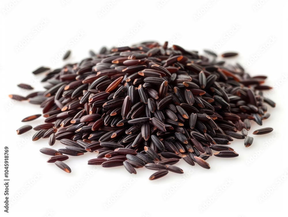 A pile of uncooked black glutinous rice on a white background A pile of uncooked black glutinous rice on a white background