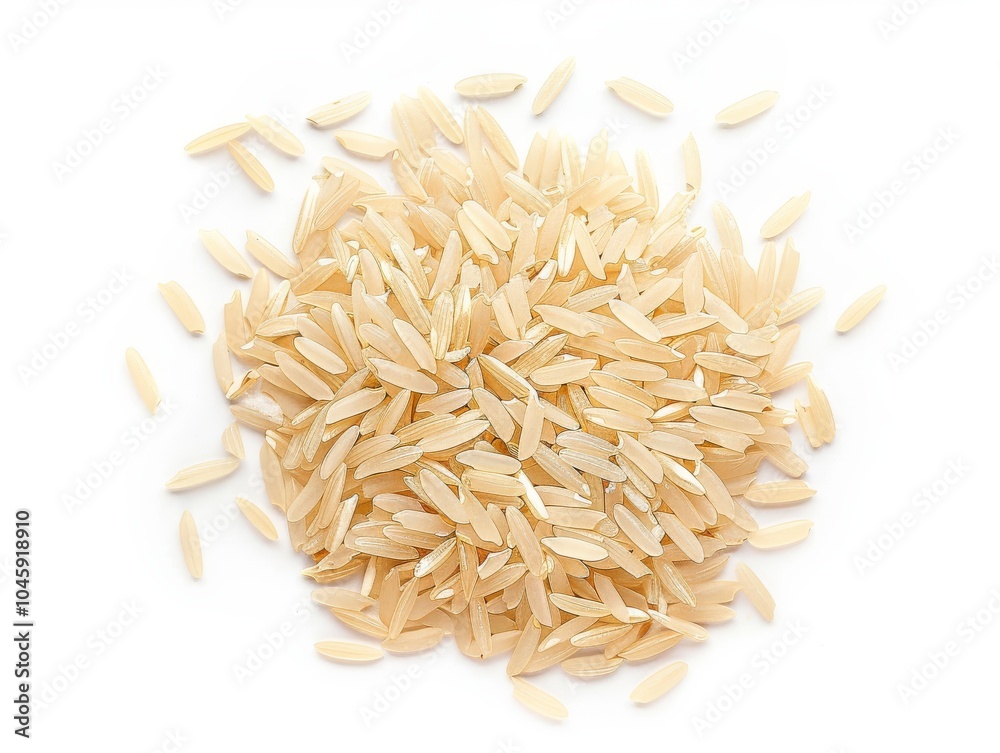 A pile of uncooked jasmine rice grains on a white background A pile of uncooked jasmine rice grains on a white background