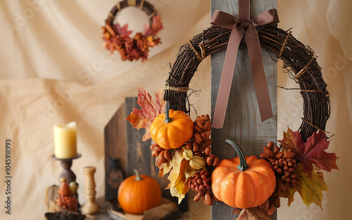 Autumnal wreath with pumpkins and leaves  brown and orange  rustic  Thanksgiving decor  warm and inviting    photo