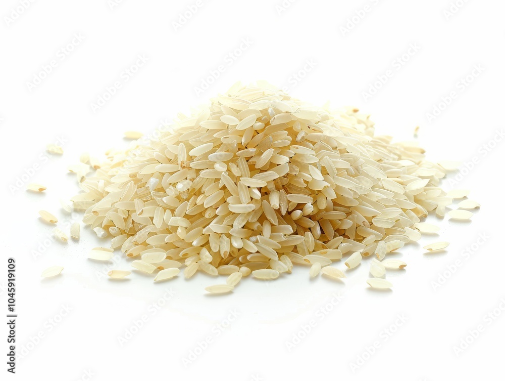 A pile of uncooked jasmine rice grains on a white background A pile of uncooked jasmine rice grains on a white background