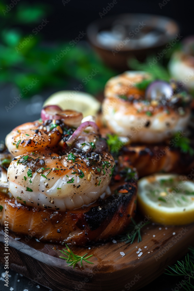 Two Mediterranean-Inspired Meals on Wooden Board with Light Azure and Dark White Tones Two Mediterranean-Inspired Meals on Wooden Board with Light Azure and Dark White Tones