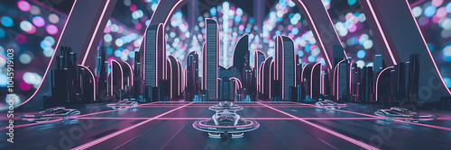 Futuristic city skyline with pink neon lights and flying cars  a concept of urban transportation and technology   