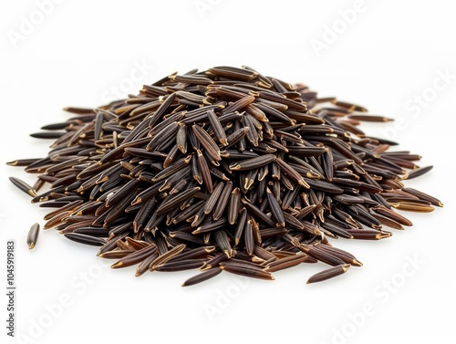 A pile of uncooked wild rice on a white background