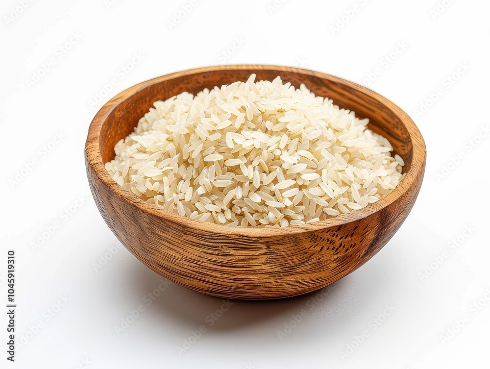 A wooden bowl filled with parboiled rice on a white background A wooden bowl filled with parboiled rice on a white background