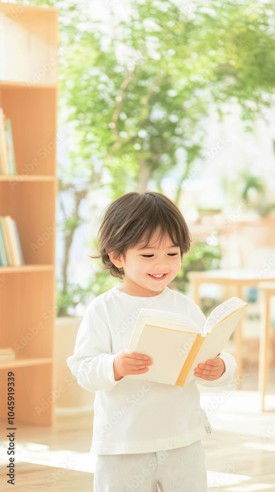 joyful child reading book in bright, minimalistic learning space filled with greenery. atmosphere is warm and inviting, perfect for nurturing curiosity and imagination joyful child reading book in bright, minimalistic learning space filled with greenery. atmosphere is warm and inviting, perfect for nurturing curiosity and imagination