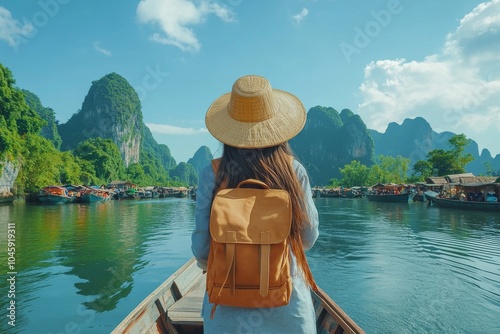 A woman wearing a straw hat and a backpack sits in a longtail boat on a river, looking towards a village nestled among the mountains. photo