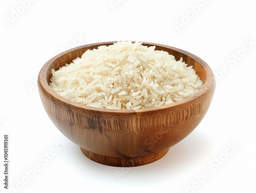 A wooden bowl filled with parboiled rice on a white background