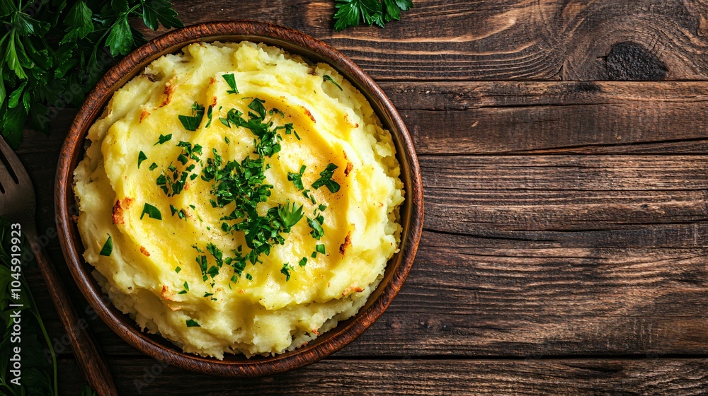 Creamy Mashed Potatoes with Parsley on Rustic Wooden Background