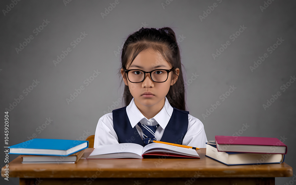 Serious schoolgirl in blue and white uniform studying at a desk with books Education concept Serious schoolgirl in blue and white uniform studying at a desk with books Education concept