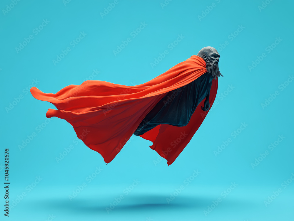 Mysterious cloaked figure flying in mid-air with red cape against a ...