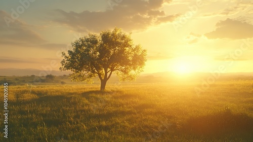 A serene landscape with a lone apple tree in a field, bathed in golden sunlight during sunset.