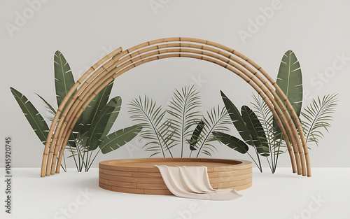 Minimalist Bamboo Arch and Wooden Platform with Green Foliage for Product Display and Branding   
