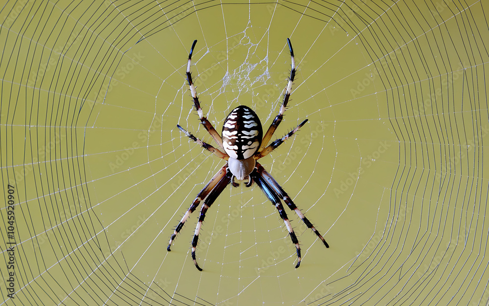 Black and white spider on yellow web nature macro photography creepy crawly Black and white spider on yellow web nature macro photography creepy crawly