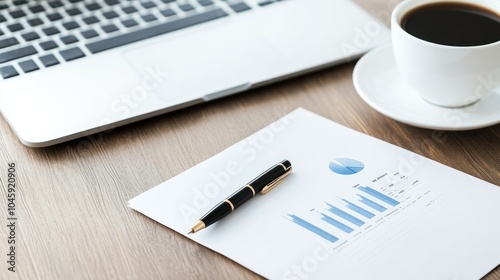 professional workplace with coffee and financial charts