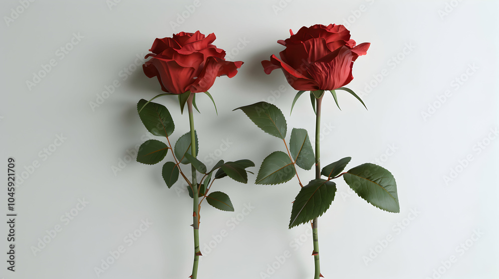 Two red roses with stems and leaves on a white background. Two red roses with stems and leaves on a white background.