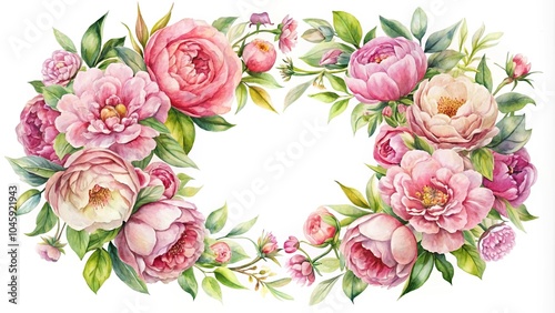 Watercolor pink floral wreath with reflected peony flowers