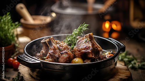 Savory Simmer: Frozen Lamb Shanks Cooking Slowly with Aromatic Herbs and Spices in the Kitchen photo