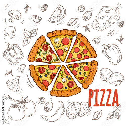 hand drawn vector set of pizza. Set of pizza ingredients in doodle style isolated. Design on white background for for menus, pizzerias, restaurants, banners, markets. Vector illustration