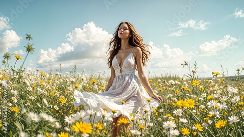 Woman in a Field of Wildflowers, A beautiful woman in a flowing white dress standing in a field of wildflowers, bathed in golden sunlight. The image evokes a sense of freedom and joy.