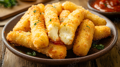 Delicious Golden-Brown Crispy Frozen Mozzarella Sticks with Marinara Sauce on a Rustic Table photo