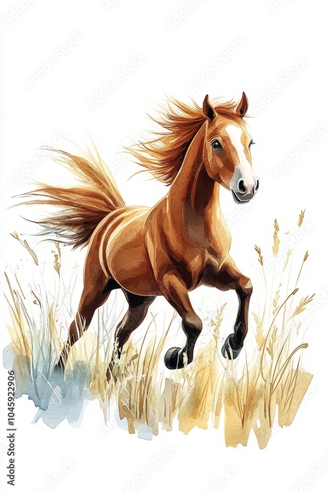 Obraz premium A chestnut horse gallops through a field.