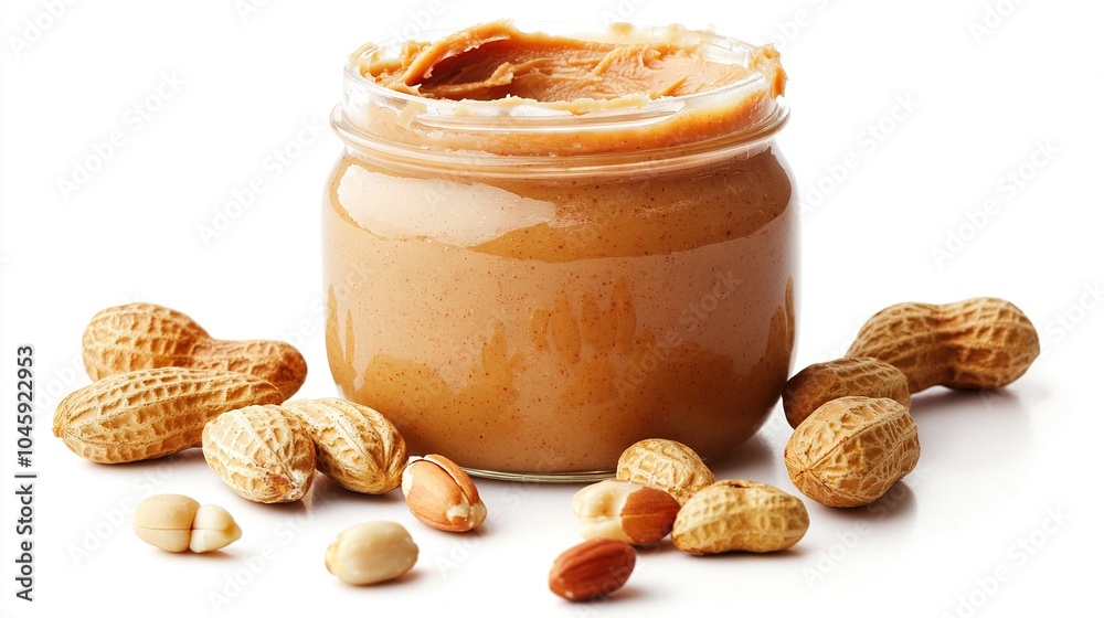 A jar overflowing with peanut butter sits atop a pristine white surface, encircled by an array of delectable nuts A lone spoon rests at A jar overflowing with peanut butter sits atop a pristine white surface, encircled by an array of delectable nuts A lone spoon rests at